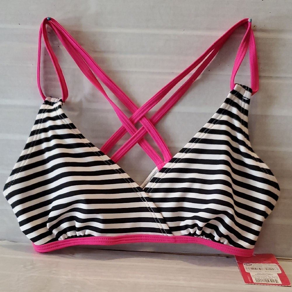 Xhilaration Pullover  Striped Black  White Bralette with Pink Straps Size XL